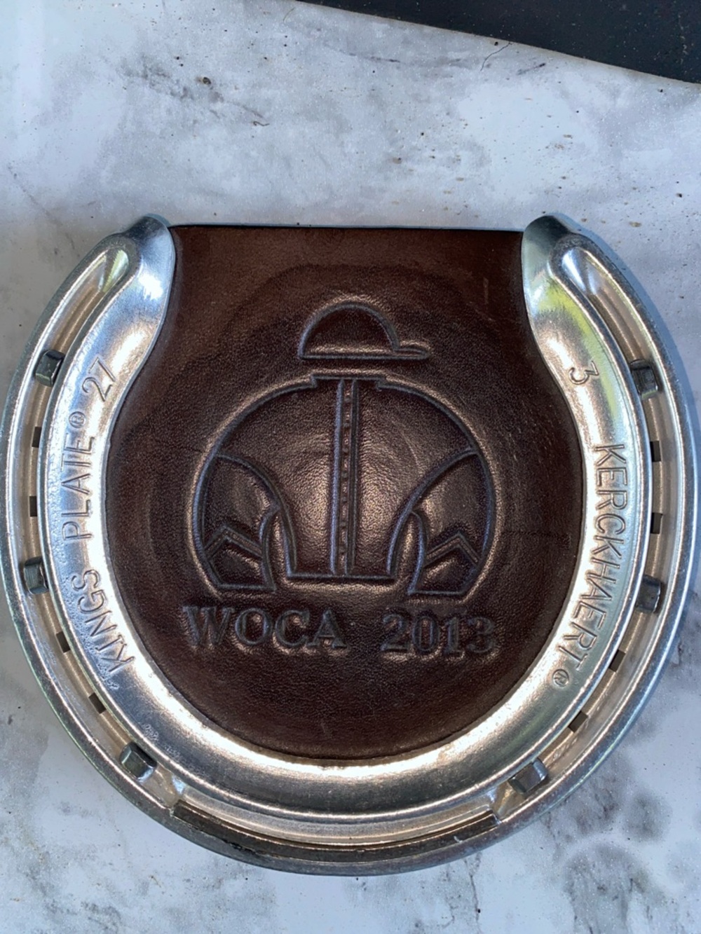 Embossed Brown Leather Horseshoe Coaster - WOCA 2013